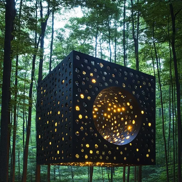 Sculpture Cube lumière en acier corten